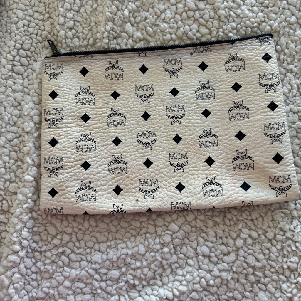 Mcm Cream W/ Black Logo Pouch And Zipper